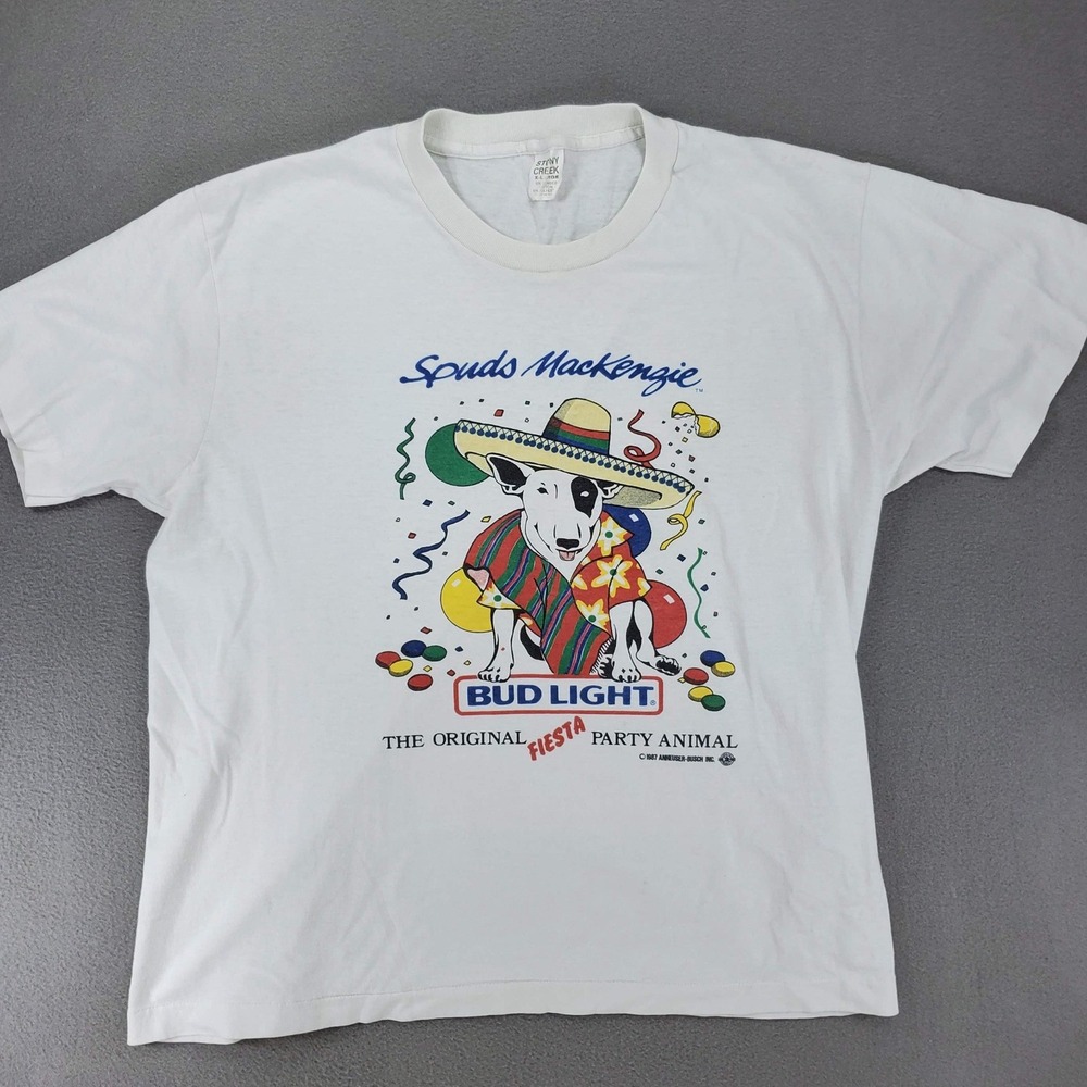 Stony Creek T-Shirt Men XL White Vintage 1987 Bud‎ Light Spuds MacKenzie Fiesta